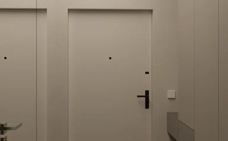 Przedpokój minimalistyczny z jasnymi ścianami i wzorzystą podłogą