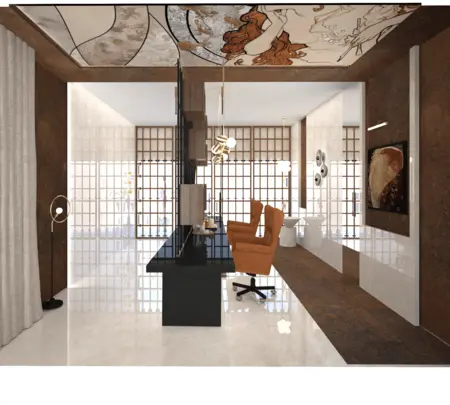 Wnętrze biura w stylu art deco, tradycyjnym i vintage z brązowym biurkiem.