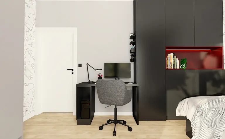 Wnętrze pokoju z biurkiem, szafą, minimalistycznym i skandynawskim stylem.