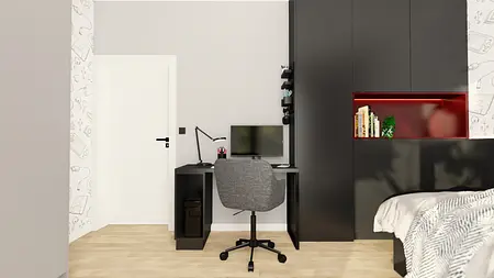 Wnętrze pokoju z biurkiem, szafą, minimalistycznym i skandynawskim stylem.
