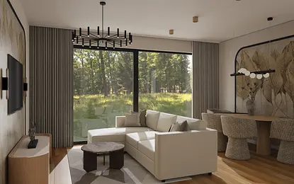 Wnętrze nowoczesnego salonu z białą sofą, drewnianym stołem oraz dużymi oknami.