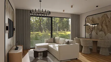 Wnętrze nowoczesnego salonu z białą sofą, drewnianym stołem oraz dużymi oknami.