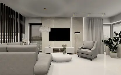 Nowoczesne wnętrze salonu z szarymi meblami, telewizorem i roślinami.
