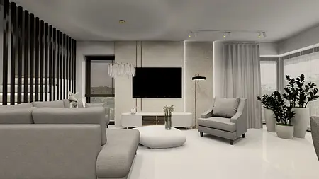 Nowoczesne wnętrze salonu z szarymi meblami, telewizorem i roślinami.