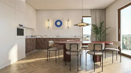 Wnętrze jadalni z drewnianym stołem i nowoczesnymi krzesłami, w stylu eklektycznym, nowoczesnym i tradycyjnym.