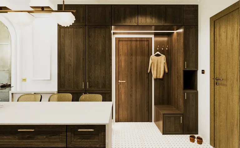 Garderoba w stylu art deco, eklektycznym i minimalistycznym z brązowymi meblami.