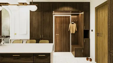 Garderoba w stylu art deco, eklektycznym i minimalistycznym z brązowymi meblami.