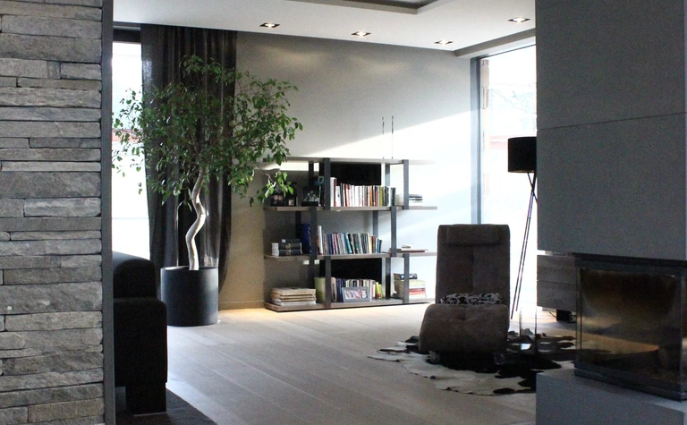 Wnętrze salonu z minimalistycznym designem, nowoczesnym kominkiem i roślinnością.