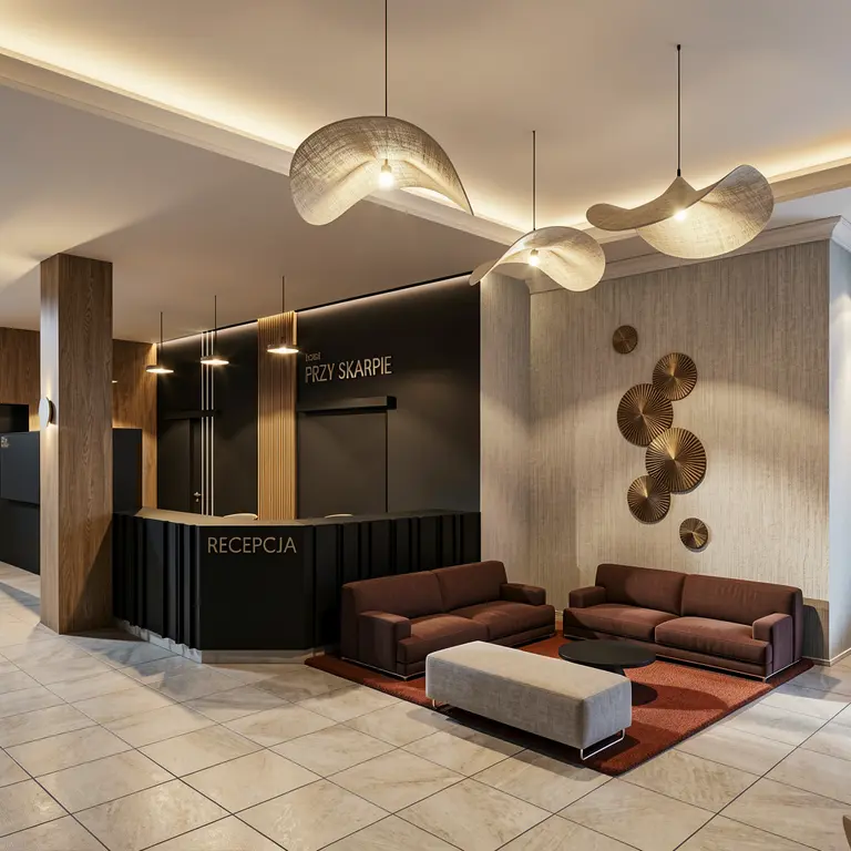 Recepcja hotelowa w stylu industrialnym i minimalistycznym z brązowymi meblami.