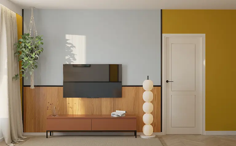 Wnętrze z brązowym meblem, żółtą ścianą i roślinnością, styl dopamine decor, eklektyczny, vintage.