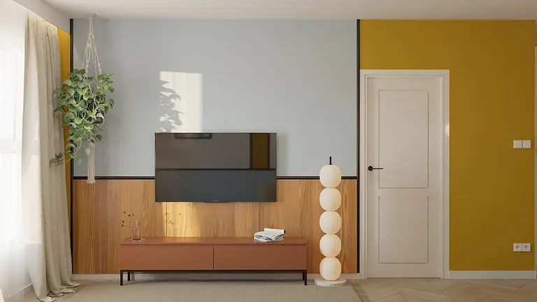 Wnętrze z brązowym meblem, żółtą ścianą i roślinnością, styl dopamine decor, eklektyczny, vintage.