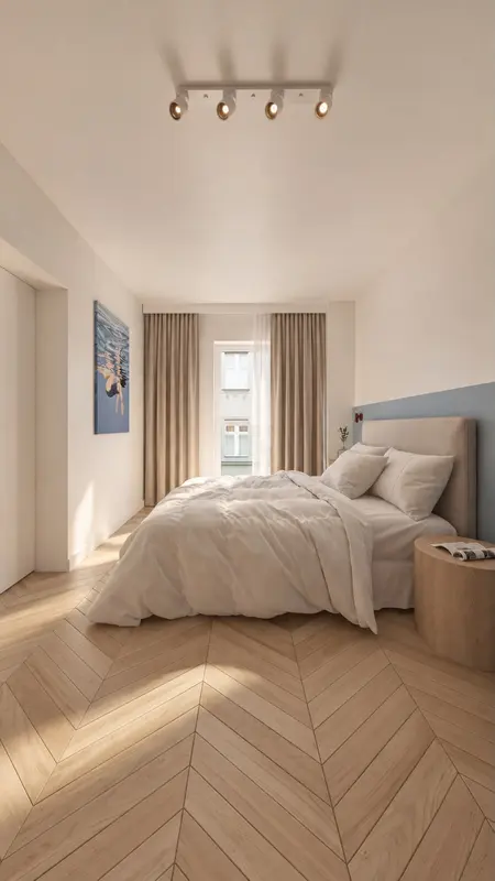Sypialnia w stylu eklektycznym, minimalistycznym, nowoczesnym z drewnianą podłogą.