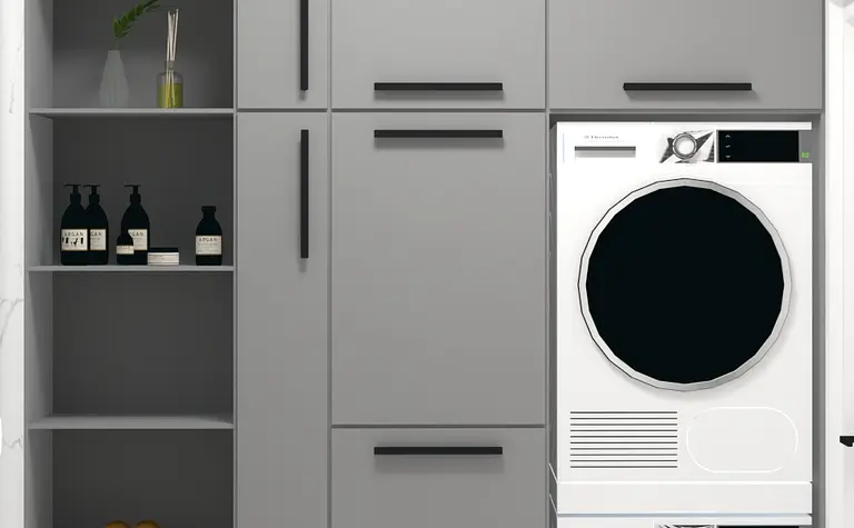 Garderoba z szarymi meblami, pralką i półkami w stylu minimalistycznym.