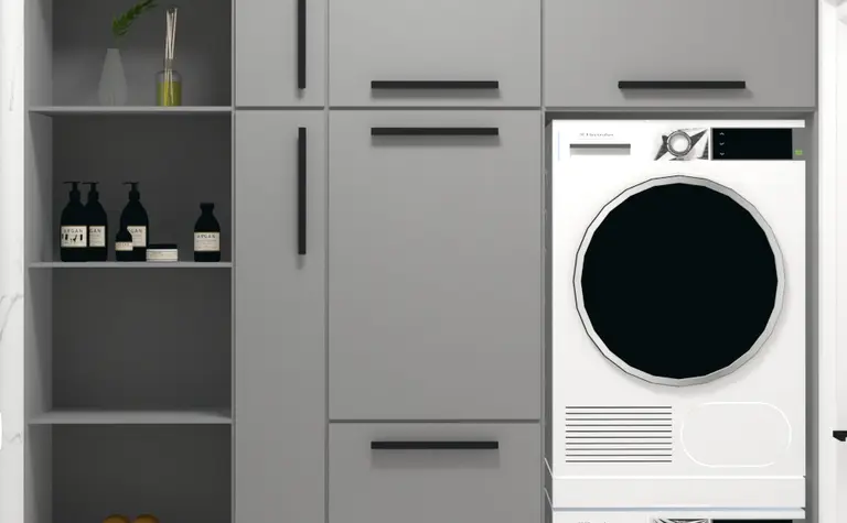 Garderoba z szarymi meblami, pralką i półkami w stylu minimalistycznym.