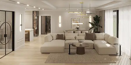 Wnętrze salonu w stylu art deco, glamour i nowoczesnym z jasną sofą i roślinami.