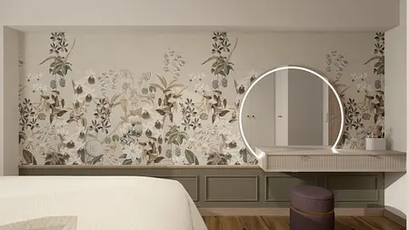 Wnętrze sypialni z kwiecistą tapetą i nowoczesną toaletką w stylu tradycyjnym.