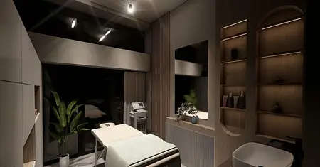 Gabinet w stylu boho i japandi z drewnianymi elementami i roślinnością