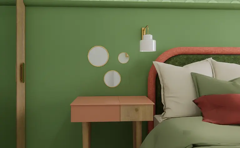 Sypialnia w stylu boho, eklektycznym, japandi i soft minimalizm z zieloną ścianą.