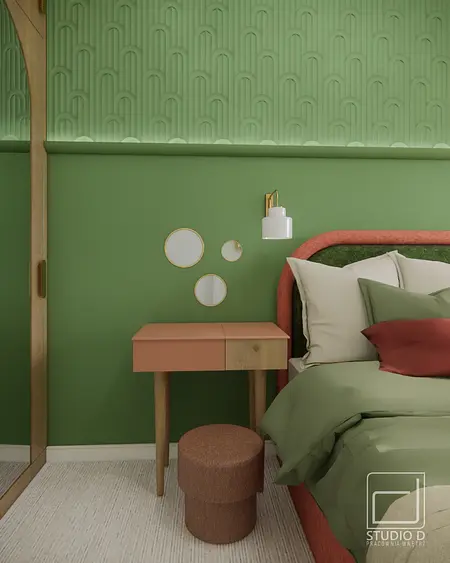 Sypialnia w stylu boho, eklektycznym, japandi i soft minimalizm z zieloną ścianą.