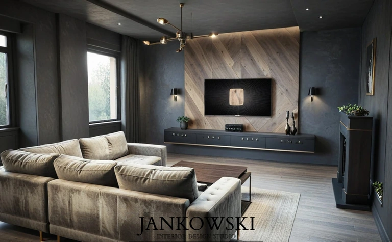 Wnętrze salonu z szarymi ścianami, jasną sofą, industrialnymi akcentami oraz drewnianymi detalami.