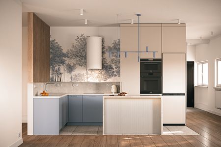 Kuchnia w stylu dopamine decor i eklektycznym z niebieskimi meblami.