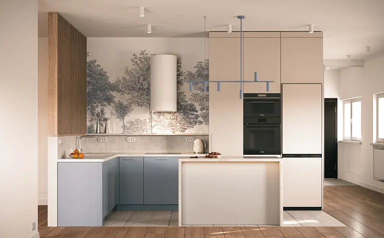 Kuchnia w stylu dopamine decor i eklektycznym z niebieskimi meblami.