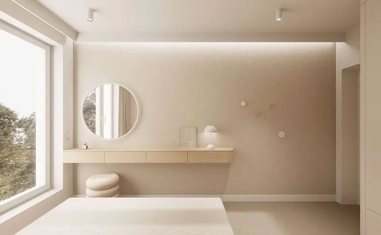 Wnętrze sypialni w stylu japandi i minimalistycznym z jasnymi meblami.