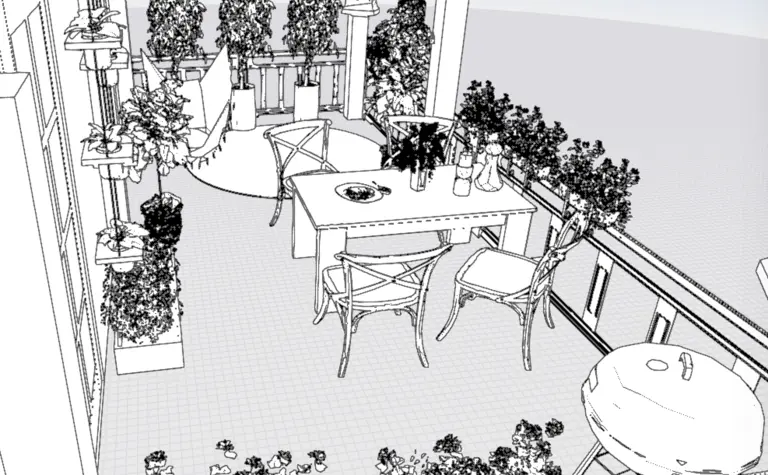 Balkon z roślinami, drewnianym stołem i krzesłami w stylu rustykalnym.