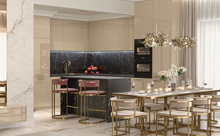 Wnętrze kuchni z glamour, czarny blat, złote detale.