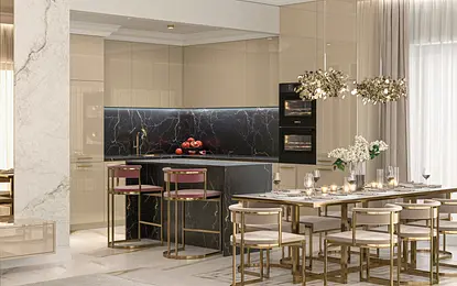 Wnętrze kuchni z glamour, czarny blat, złote detale.