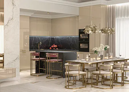 Wnętrze kuchni z glamour, czarny blat, złote detale.