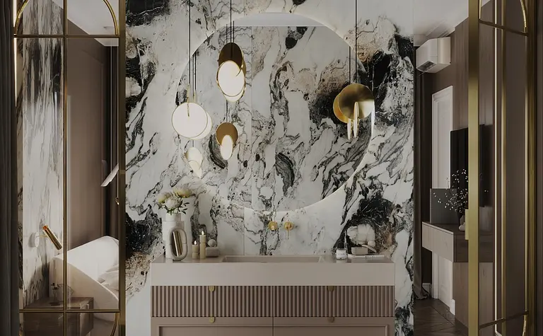 Stylowe wnętrze z marmurową ścianą i eleganckimi lampami w stylu quiet luxury.