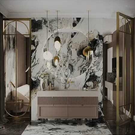 Stylowe wnętrze z marmurową ścianą i eleganckimi lampami w stylu quiet luxury.