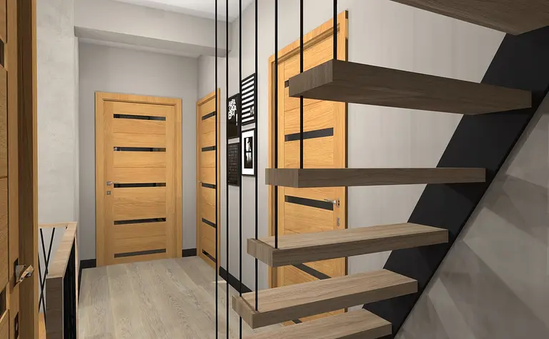 Nowoczesny przedpokój z drewnianymi drzwiami, szarymi ścianami i designerskimi schodami.