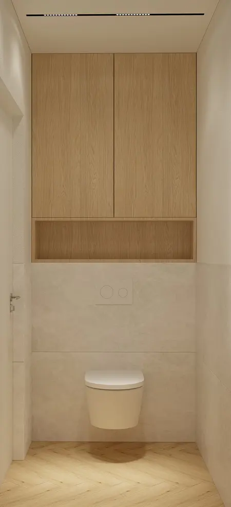 Toaleta w stylu japandi z drewnianymi meblami i minimalistycznym wykończeniem.