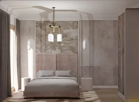 Wnętrze sypialni z łóżkiem, nowoczesnymi lampami i dekoracyjną ścianą w stylu art deco i japandi.