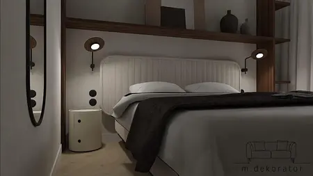 Wnętrze sypialni z minimalistycznym wystrojem, nowoczesnym łóżkiem i współczesnymi lampami.