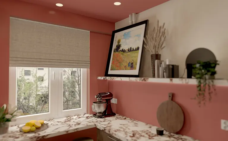 Kuchnia w stylu dopamine decor, minimalistyczna, z różowymi ścianami i marmurowym blatem
