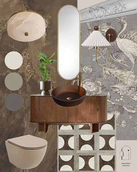 Nowoczesna łazienka z brązową szafką, lustrem, boho dodatkami i minimalistycznym stylem.