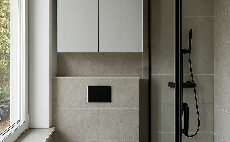 Nowoczesna łazienka z prysznicem, minimalistycznymi meblami i szarymi kafelkami, boho, industrialny, współczesny.