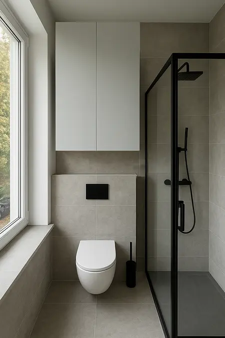 Nowoczesna łazienka z prysznicem, minimalistycznymi meblami i szarymi kafelkami, boho, industrialny, współczesny.