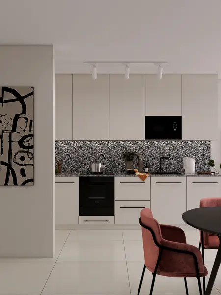 Współczesna kuchnia z białymi meblami i nowoczesnym blatem