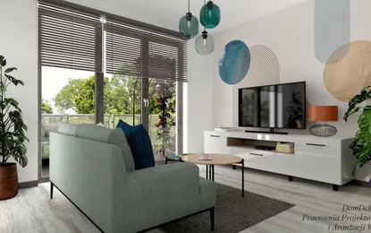 Wnętrze salonu z zielonymi akcentami, minimalistycznym designem i nowoczesnym oświetleniem.