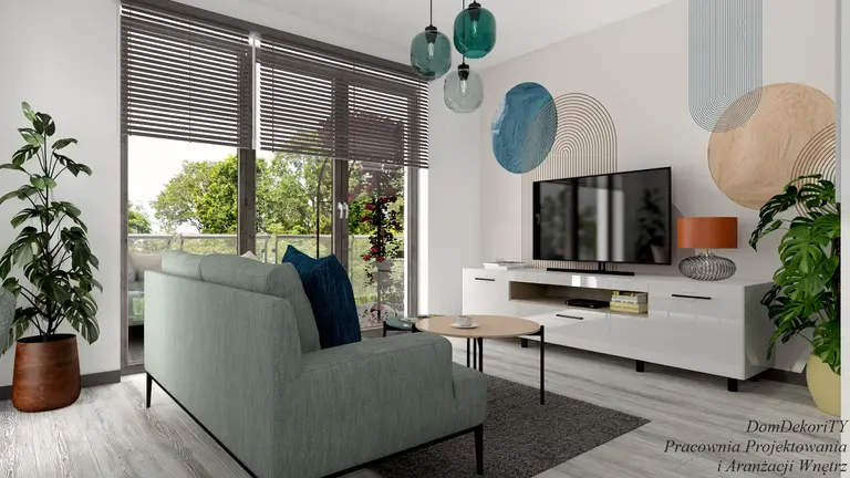 Wnętrze salonu z zielonymi akcentami, minimalistycznym designem i nowoczesnym oświetleniem.