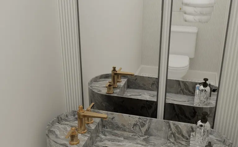 Nowoczesna łazienka z marmurową umywalką w stylu art deco, minimaluxe i quiet luxury.