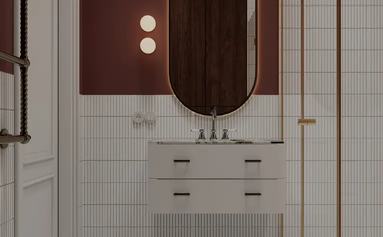 Wnętrze łazienki z białymi kafelkami, minimalistycznym designem i vintage akcentami.