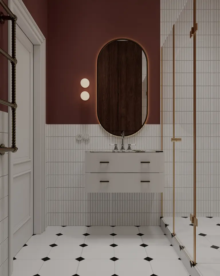Wnętrze łazienki z białymi kafelkami, minimalistycznym designem i vintage akcentami.