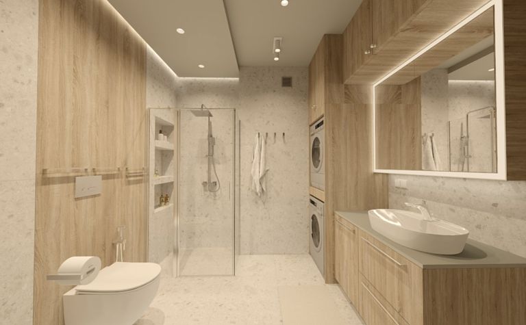 Wnętrze łazienki w stylu eklektycznym z drewnem i minimalistycznym wykończeniem.