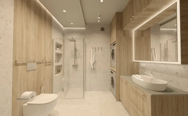 Wnętrze łazienki w stylu eklektycznym z drewnem i minimalistycznym wykończeniem.