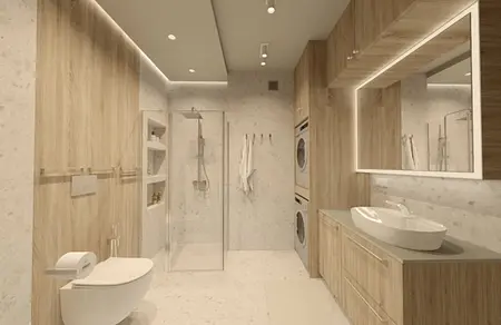 Wnętrze łazienki w stylu eklektycznym z drewnem i minimalistycznym wykończeniem.